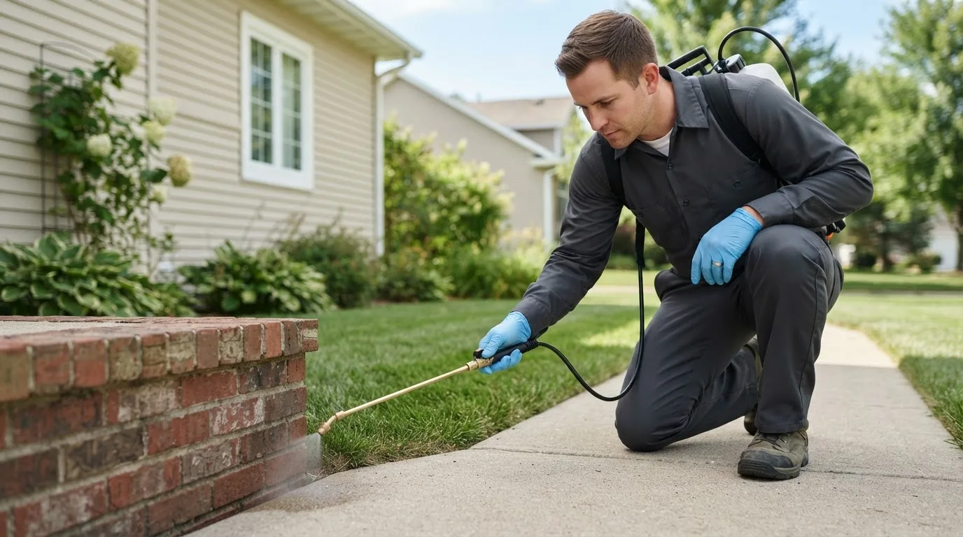 Pest control technician treating a home near Wellsville, OH