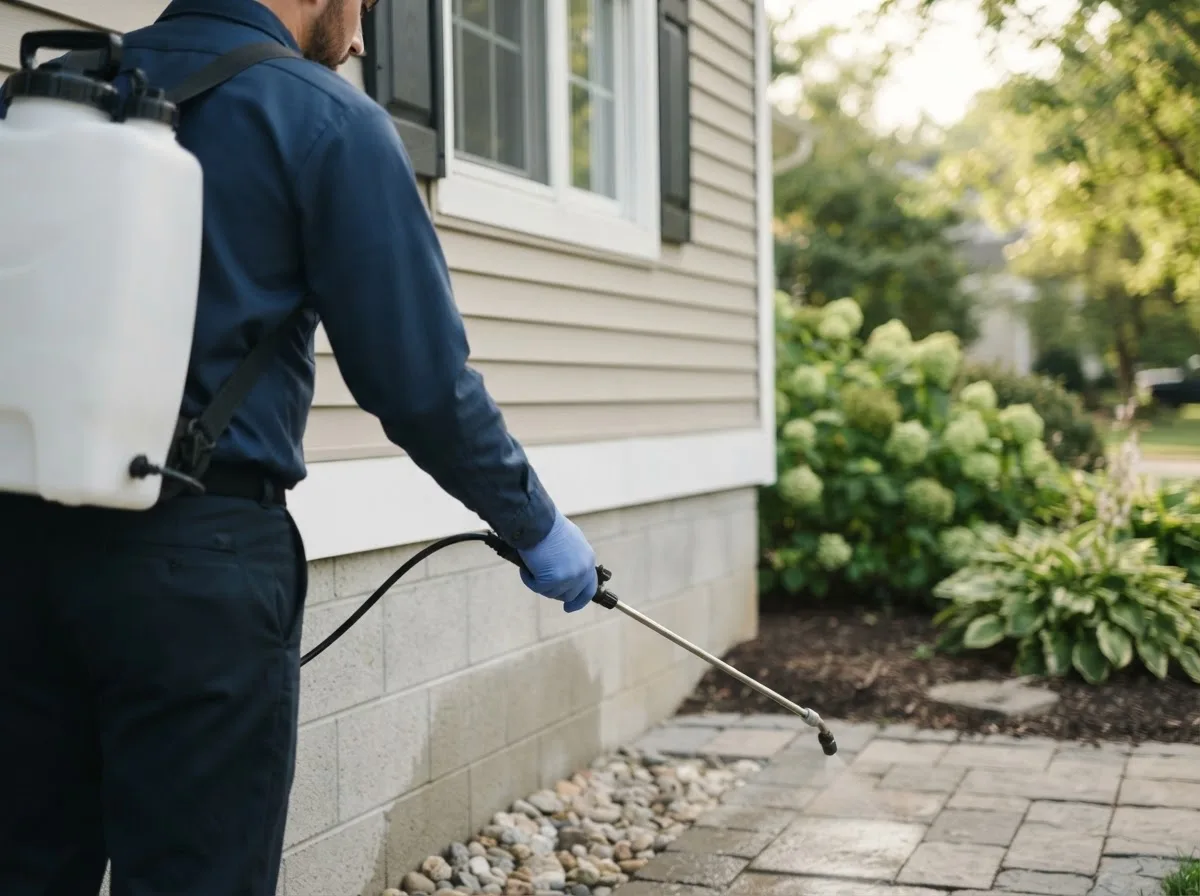 Pest control technician inspecting a home in Wellsville, OH
